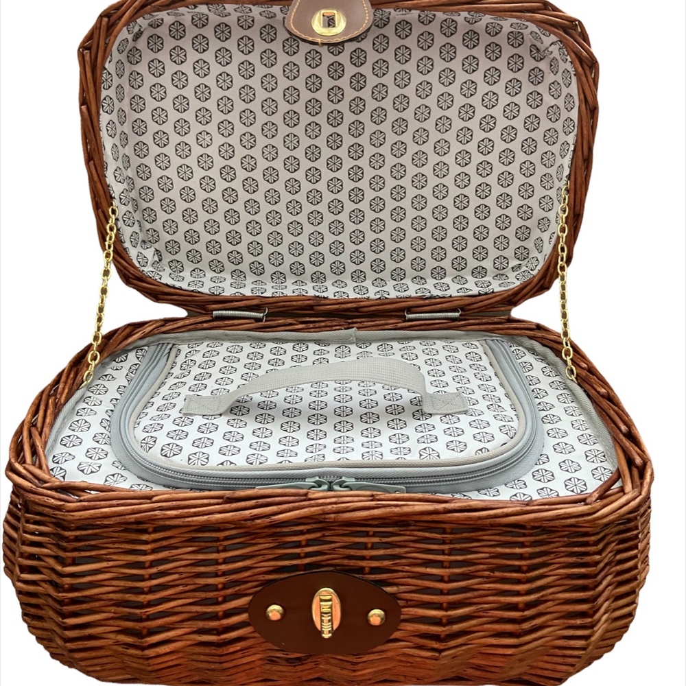 Wicker Picnic Basket, Insulated Interior, Faux Leather Handle with Brass Accents